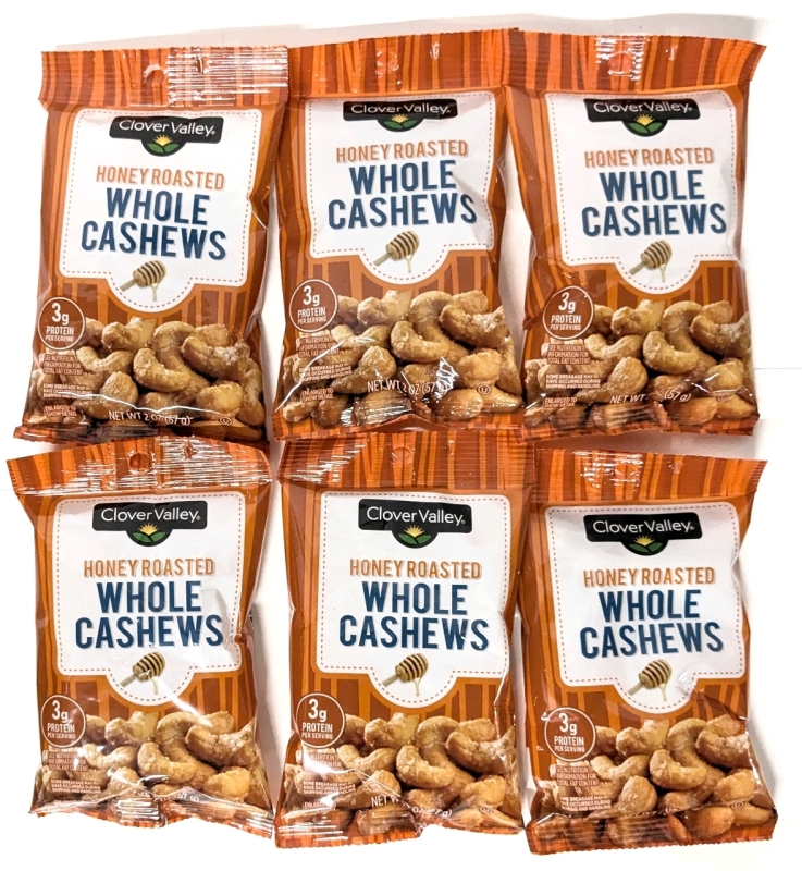 6 New Clover Valley Honey Roasted Whole Cashews - 57g ea | Best By 07/02/2026