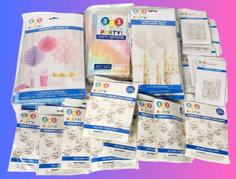 New Party Decorations : 9x Decorative Tissue Kits, Pastel Tie-Dye Tablecloths, Honeycomb Balls w Tassel Tails 3pks, 9x Confetti Linking Balloons 15pk, 12x Glitter Birthday Candles 10pks