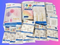 New Party Decorations : 9x Decorative Tissue Kits, Pastel Tie-Dye Tablecloths, Honeycomb Balls w Tassel Tails 3pks, 9x Confetti Linking Balloons 15pk, 12x Glitter Birthday Candles 10pks