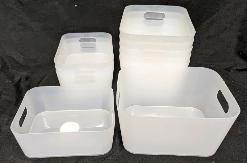 9 New Organisation Bins. 4 Medium (8.5" by 3.5" by 6.5") and 5 Large ( 7.5" by 9.5" by 5")