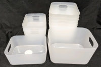 9 New Organisation Bins. 4 Medium (8.5" by 3.5" by 6.5") and 5 Large ( 7.5" by 9.5" by 5")