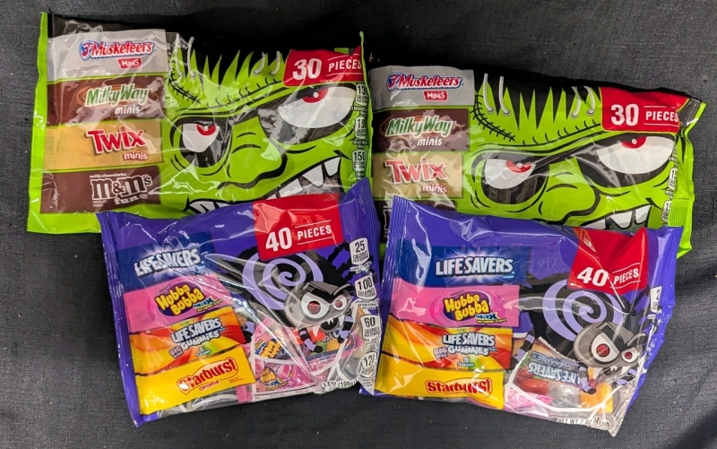 4 New Packs of Chocolate and Candy - 3 Musketeers, Milky Way, Twix, M&Ms, Hubba Bubba, Lifesaver Gummies, Starburts