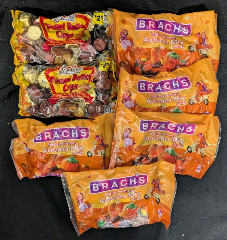 7 New: Candy and Chocolate Packs - 5 Brech's Mellowcreme Autumn Mix Candy BB May 2025 - 2 Palmer Peanut Butter Cups No BB Date