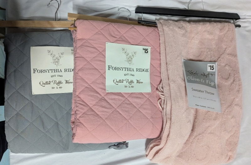 3 New Throw Blanket. 2 Forsythia Ridge Quilted Ruffle Throws and 1 Olive & Fig Sweater Throw. All 50" by 60".