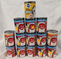 14 New Cans of Dog Food. 11 Cans of Purina One Puppy, 2 Cans of Purina One Wealth Weight Dog, and 1 Pedigree High Protein. Purina 368g, Pedigree 375.