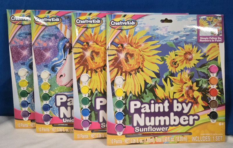 4 New | Creative Kids Paint By Number | ( 2 ) Sunflower & ( 2 ) Unicorn Dreams