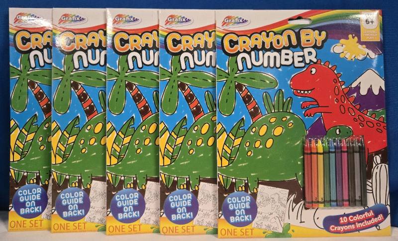 5 New | Grafix Crayon By Number Dino Themed W/ 50 Colourful Crayons Included!