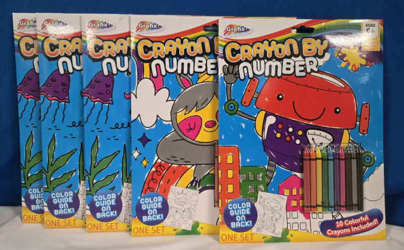 5 New | Grafix Crayon By Number Mermaid, Sloth & Robot Themed W/ 50 Colourful Crayons Included!