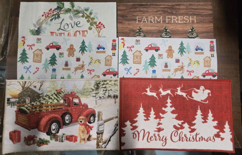 6 New | ( 4 ) Door Mats Water-Absorbant 18" x 24" & ( 2 ) Printed Rugs Holiday Themed 17" x 27"