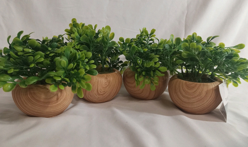 4 New | Potted Faux Plants w/ Wooden design | Measures 5"