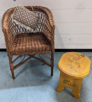 Child's Wicker Chair and Wooden Footrest.