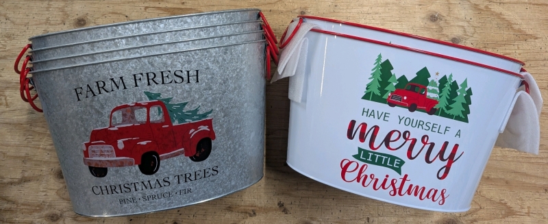 6 New: Christmas Themed Ice Buckets - 4 Farm Fresh Style and 2 Merry Christmas Style - All Measure 9" Tall x 10" Wide x 15" Across