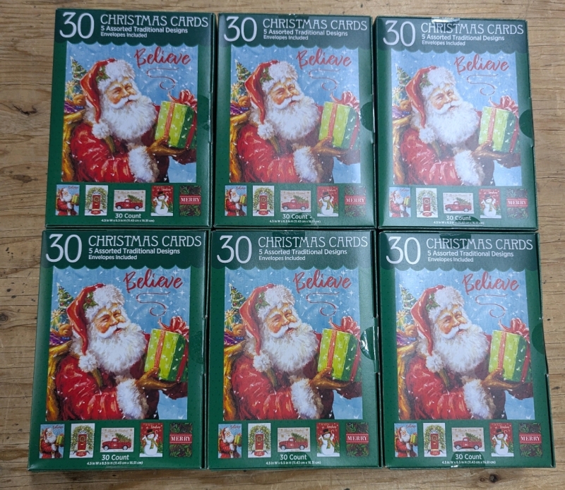 6 New: Packs of 30 Traditional Christmas Cards - 5 Styles in Each Pack, 4.5" x 6.5"