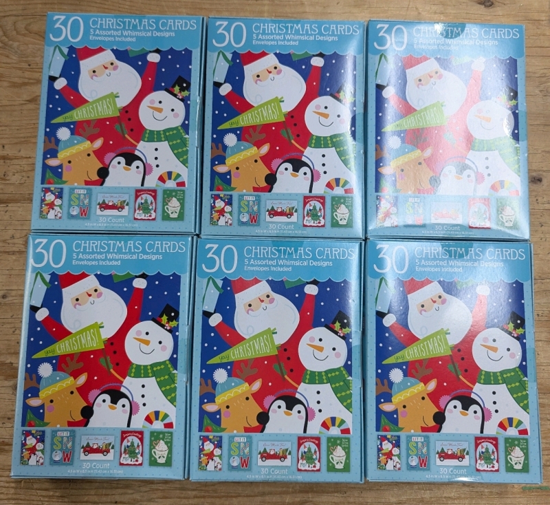 6 New: Packs of 30 Whimsical Christmas Cards - 5 Styles in Each Pack, 4.5" x 6.5"