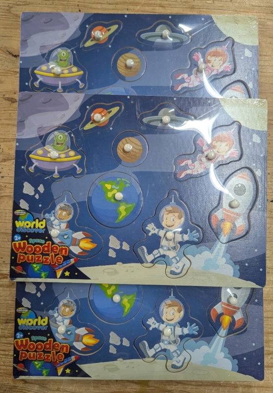 3 New: Kids Space Themed Wooden Puzzles - 9" x 12"