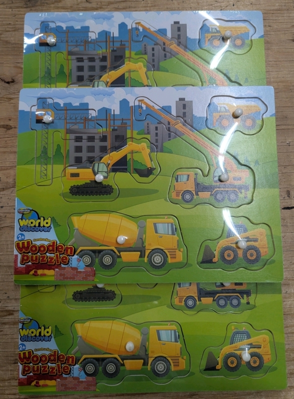 3 New: Kids Construction Themed Wooden Puzzles - 9" x 12"