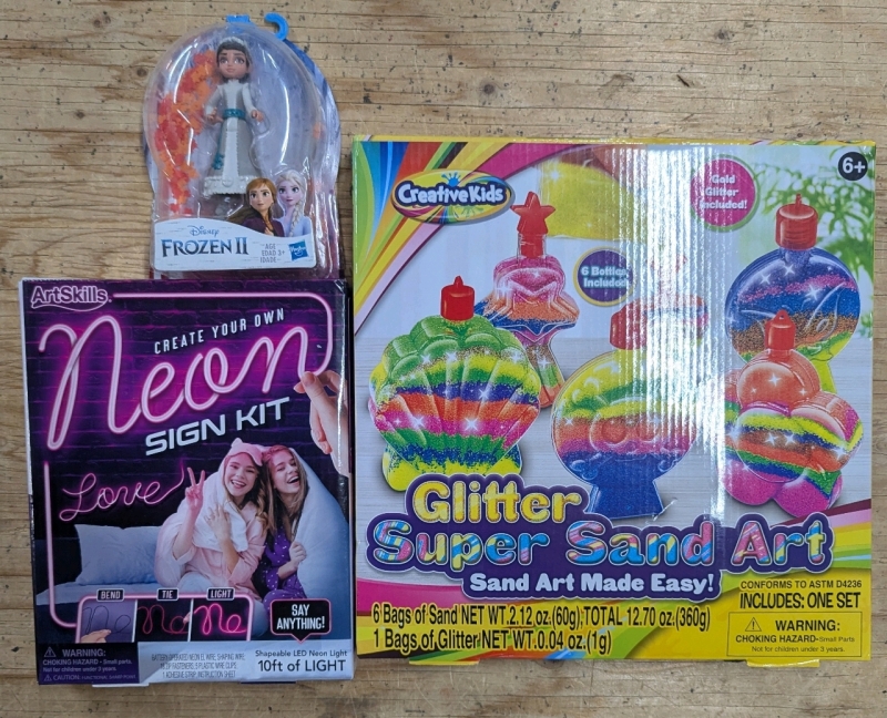 3 New: Kids Toys - Glitter Super Sand Art - DIY Neon Sign Kit - Frozen 2 Figure