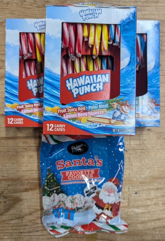 New: 3 Hawaiian Punch Candy Canes - 12 Per Pack - Exp 08/2029, 1 Santa's Favourite Cookies - 70g - Exp 09/2025