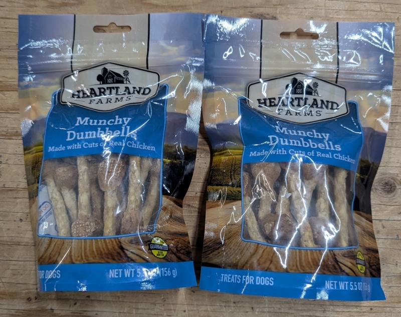 2 New: Heartland Farms Munchy Dumbbells - Dog Treats - Each Bag 156g - Exp 03/14/2025