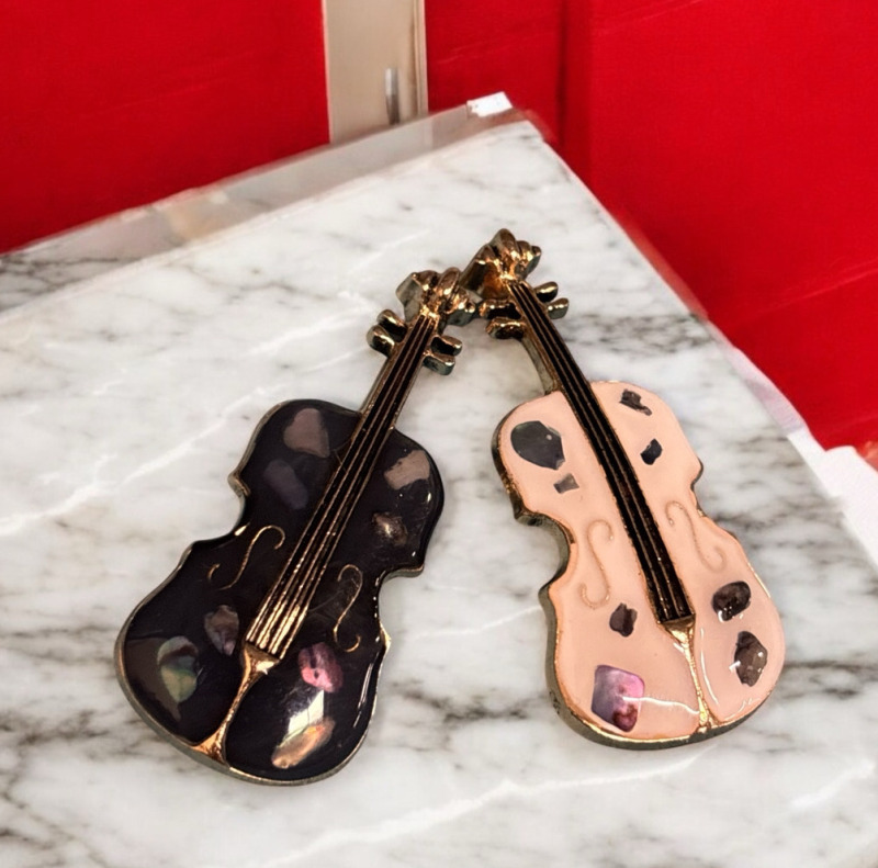 Two Elegant Rhinestone Cello Brooches Shell Inlay Violin One Black One White <br/>2 x .75&rsquo; Inch