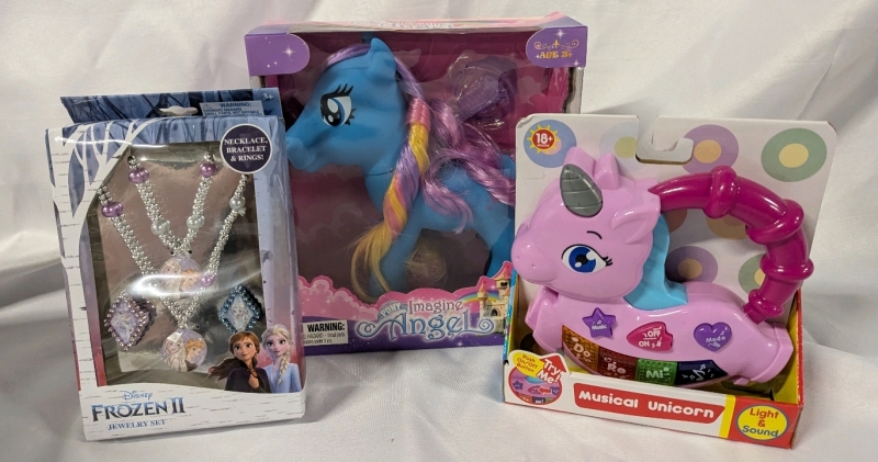 New Toy and Kids Jewelly Lot. Includes Musical Unicorn, Pony Imagine Angel & Frozen 2 Jewellery Set.