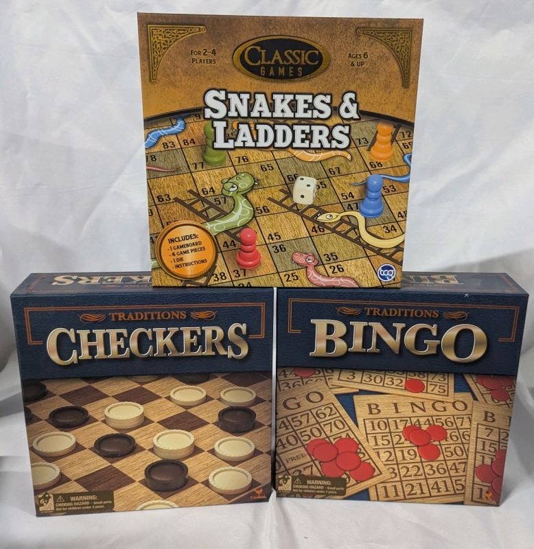 New Classic Games Snakes and Ladders, Traditions Bingo & Traditions Checkers.