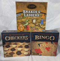 New Classic Games Snakes and Ladders, Traditions Bingo & Traditions Checkers.