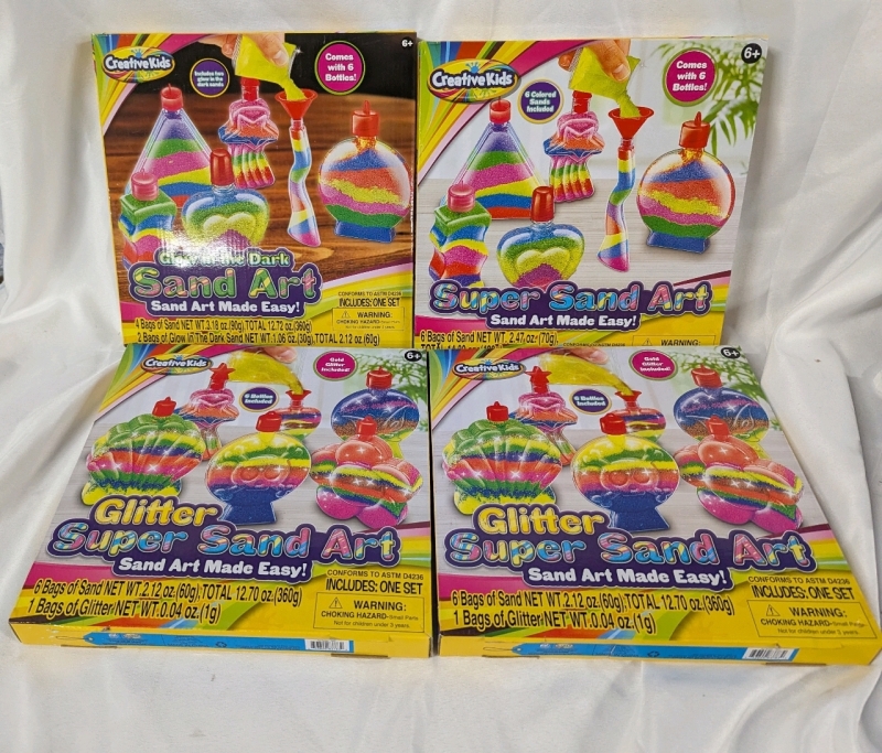 4 New Super Sand Art Kits. 2 Glitter, 1 Glow in the Dark, and 1 Original.
