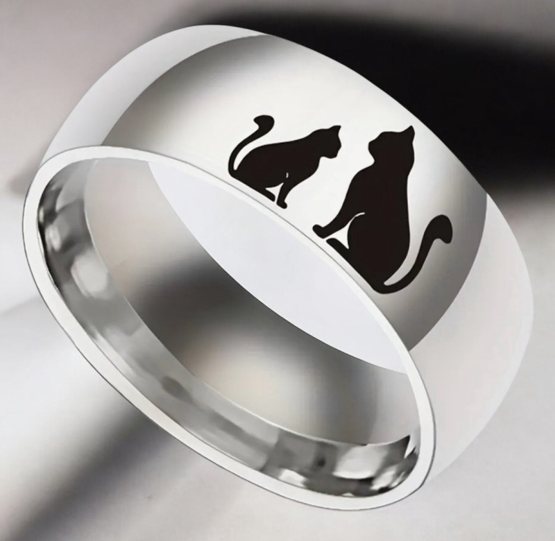New Simple 8MM Cute Cat Pattern Stainless Steel Ring Band Size 8