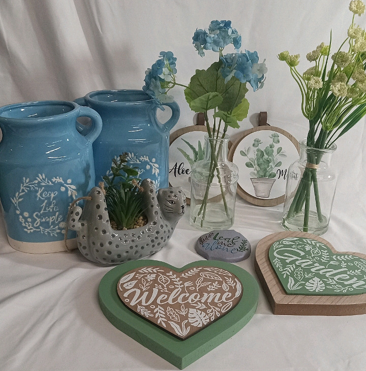 New | Rustic Decor Lot | Includes 4 Vases, 3 Garden Stones, 1 Faux Cat Plant & 2 Plant Wall Pictures