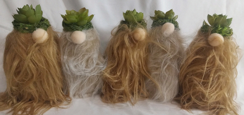 5 New | Furry Garden Knomes w/ Artificial Succulent Hats