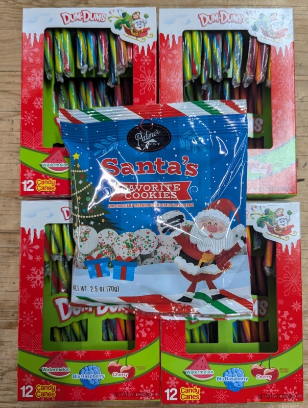 New: 4 Dum-Dums Candy Canes - 12 Per Pack - Exp 08/2027, 1 Santa's Favourite Cookies - 70g - Exp 09/2025
