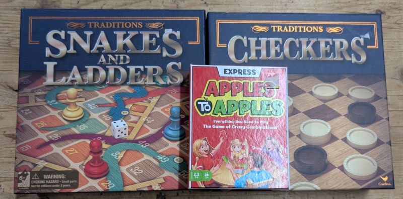 3 New: Games - Apples to Apples Express - Checkers - Snakes and Ladders