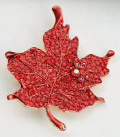 Elegant Red Maple Leaf Brooch Rhinestones & Enamel<br/>2 x2 inches