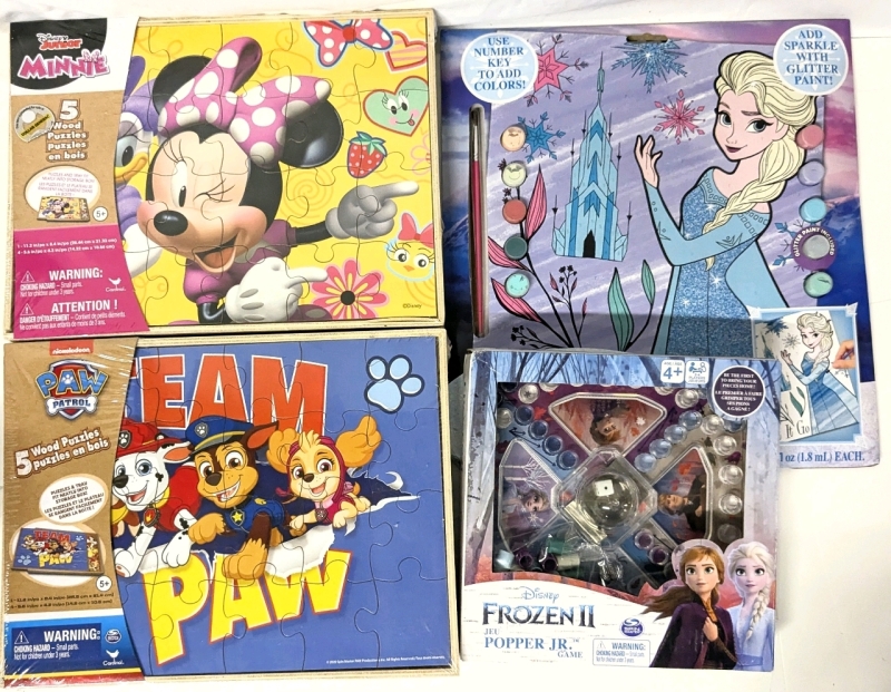 New Minnie Mouse & Paw Patrol 5-Pack Wooden Puzzle Sets, Disney Frozen Glitter Paint by Number Kit & Frozen II Popper Jr Games