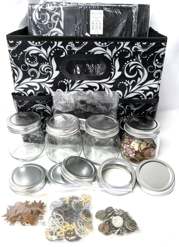 3 New Folding Storage Bins 6.5" x 12.75" x 10.25" + 4 Glass Jars with Buttons, Small Steampunk Gears, Antiqued Small Metal Stars & Extra Jar Lids