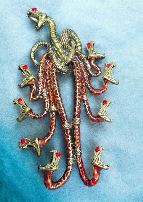 Enamel Rhinestone Relief Brooch Hydra Three Dimensional Red Rhinestone Eyes Snake Heads Approximately 4 x 2 Inch