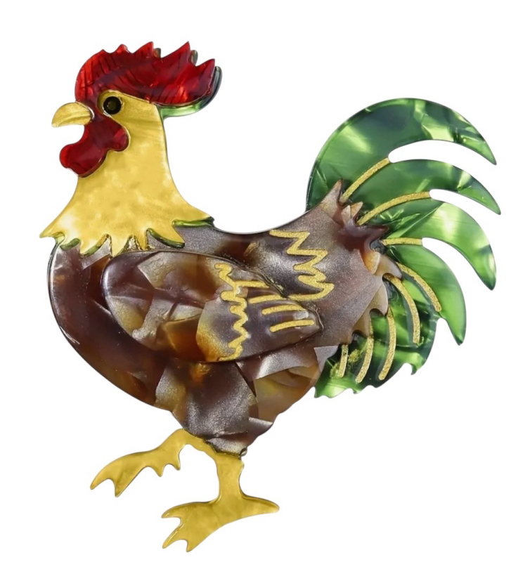 Handcrafted Acrylic Rooster Brooch Multi-Layered 3D <br/>2.5 x 2.25&rsquo;&rsquo;