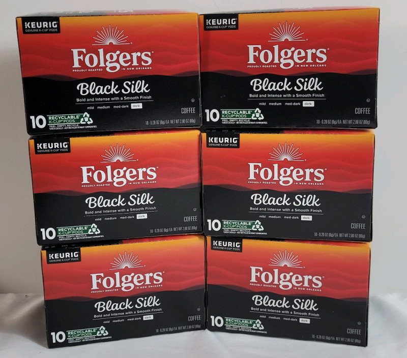 New - Six (6) Boxes Folgers Black Silk Dark Coffee Keurig K-Cup Pods . Six (6) Boxes , 10 Pods per Box - 60 Total . Best Before DEC 2025
