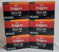 New - Six (6) Boxes Folgers Black Silk Dark Coffee Keurig K-Cup Pods . Six (6) Boxes , 10 Pods per Box - 60 Total . Best Before DEC 2025