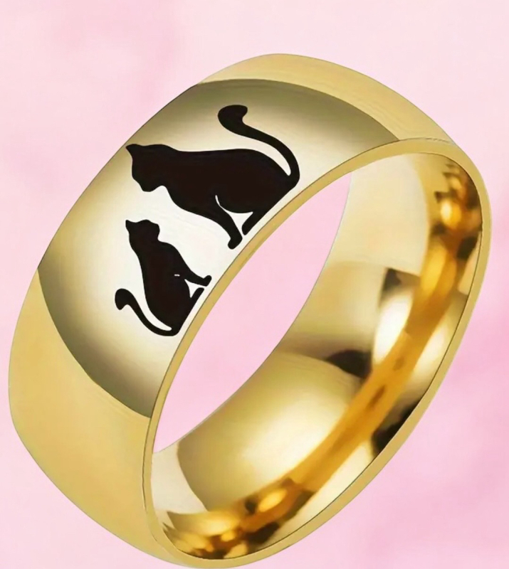 New Simple 8MM Cute Cat Pattern Stainless Steel Ring Band Size 12