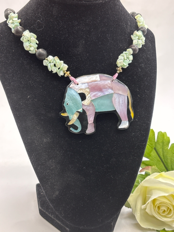 Vintage Inlay Large Elephant Beaded Necklace