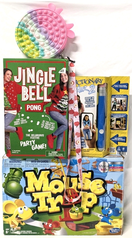 Hasbro Mouse Trap & Jingle Bell Pong Game + Tie Dye Cow Fidget Pooper Purse & New PICTIONARY AIR 2 Game Where You Draw in the Air!