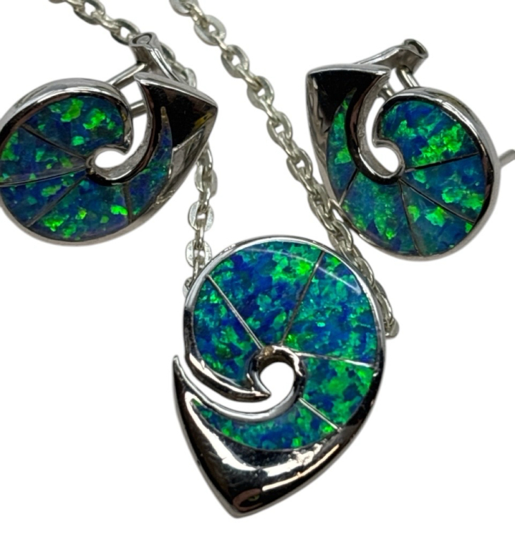 925 Opal Pendant Matching Omega Pierced Earrings