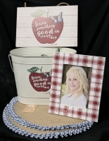 New DOLLY PARTON | 11.6" Metal Apple Bucket, 11.5" Washed Apple Wood Sign, Red Flannel Picture Frame for 5x7 Photos, 3x 15" Round Placemats