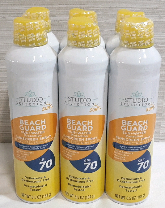 6 New Cana of Studio Selection Beach Guard Sun+Water Sunscreen Spray SPF 70, 6.5oz