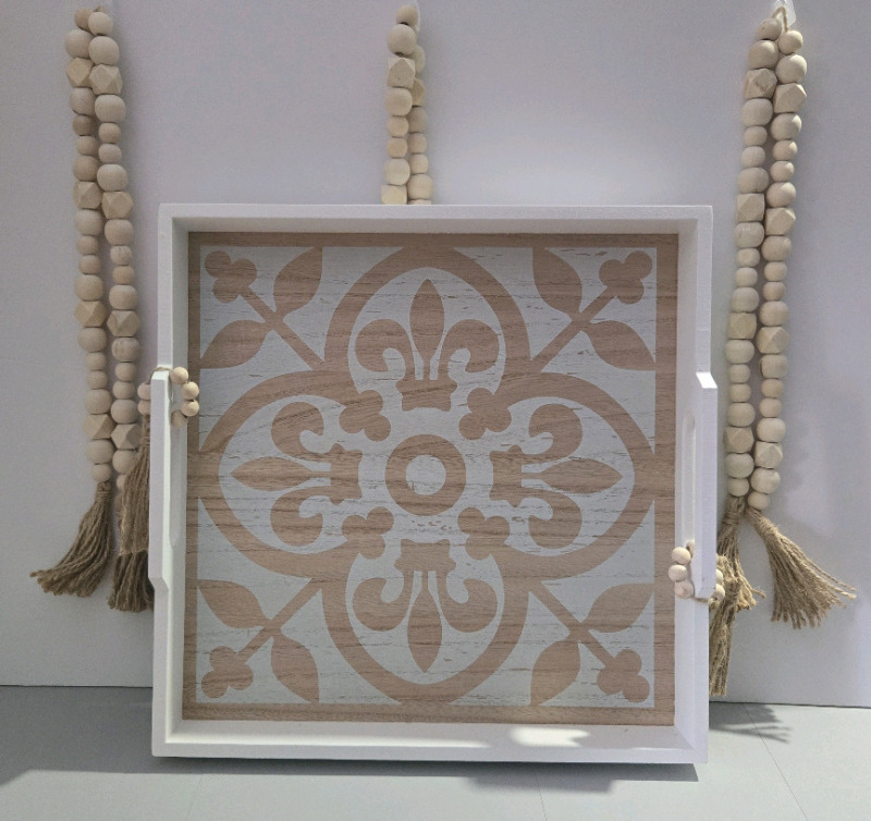 New | Home Decor Lot Includes; Wooden Serving Tray & 3 Decorative Wooden Bead Ropes