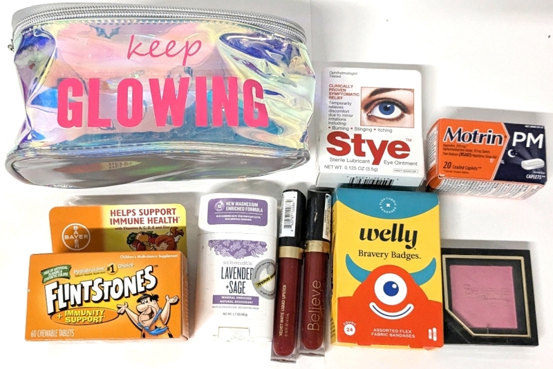 New Health & Beauty in "Keep Glowing" Makeup Bag | See Description for Contents
