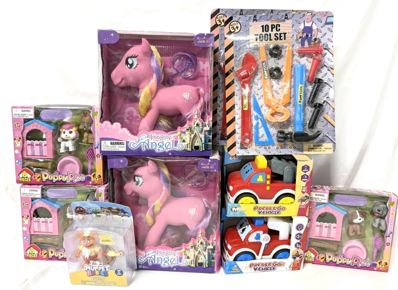 New TOYS! 3x Puppy Pet 8pc Playsets, 2x Pony Imagine Angel Brush & Play Ponies, 2x Press & Go Vehicles, 2x Tool Sets 10pc, 2x Ho-Bounce Pinky Balls & Muppet Babies Fozzie Figure