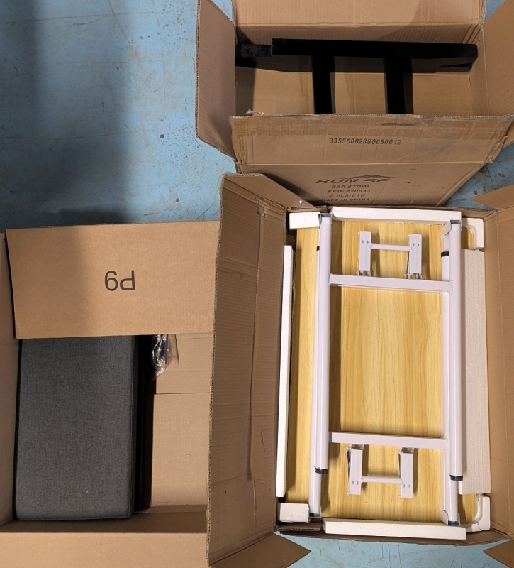3 As New, As Is: Fold Up Table, Bench Seat, Barstool - Bench Seat and Barstool Have Light Damage On First Inspection